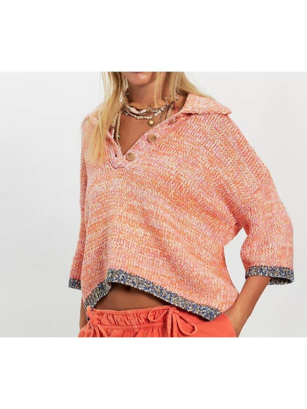 Free People On The Roll Knit Polo Boho Chic Summer Vintage Beach Womens L